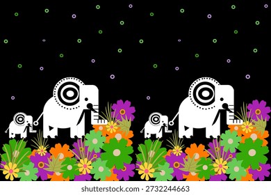 Thai Elephant Traditionelle Nahtlose Muster Elefanten in schwarz-weißen Farben inmitten eines Waldes von bunten Blumen.