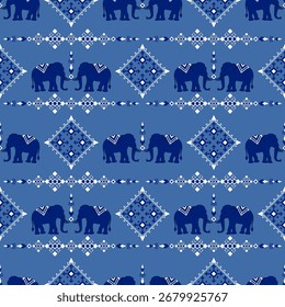 Thai Elephants border, ethnic pixel pattern, ornament, Thai traditional style, illustration design for background,carpet,wrapping, textile, silk, fabric,trousers