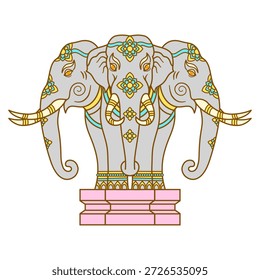 Elefante tailandés de Erawan con tres cabezas, criatura mítica de Airavata con patrones tradicionales de flores tailandesas, majestuosa Ilustración vectorial de elefante de tres cabezas sobre fondo blanco, símbolo espiritual de Indra, diseño de arte cultural tailandés para decoración y marca de lujo.