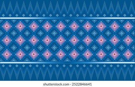 Diseño de patrón étnico tailandés y patrón floral con patrón geométrico sobre fondo azul abstracto para imprimir en tela o papel o Fondo de pantalla.