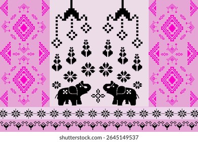 Thai ethnic pattern vector featuring black elephants and tribal geometric shapes on a soft pink background. Ideal for print design, children’s crafts, and decorative digital projects.