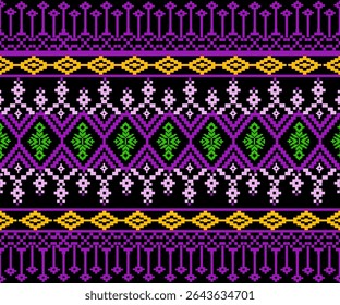 Design de padrão sem costura de pixel étnico tailandês para decoração caseira, vestuário e impressão sob demanda.