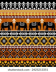 Thai ethnic traditional Asian elephant pattern illustration design pixel art abstract geometric 