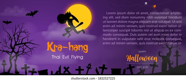 Thai evil spirit with the name's "Kra-hang" and example texts on full moon, silhouette graveyard and fog scene purple background.