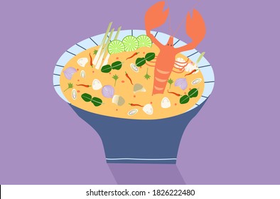 Thai famous food ‘Tom Yum Kung’ in bowl on purple background