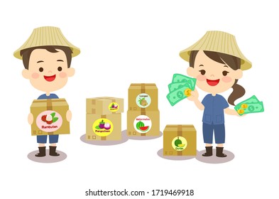 Agricultor tailandés y vector de caja de frutas tailandesas