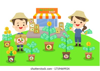 Thai Farmer and Shop Thai Fruits Online Vector
