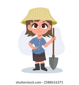Thai farmer woman cartoon holding farm tools, with agricultural tools