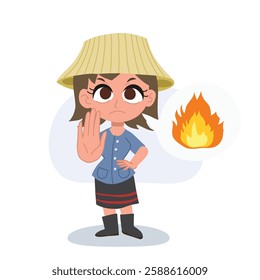 thai farmer woman cartoon promoting no burning pm 2.5 pollution awareness and environmental protection