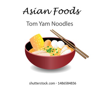 Thai favorite food "Tom yum noodles"  in hot and spicy soup with sliced pork, fish balls, crispy wonton and chives . Chopsticks on bowl.  Isolated in white background. Side view. Vector Illustration.