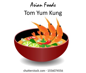 Thai favorite food "Tom yum Kung". Big shrimps in hot and spicy soup with many herbs, chili, lime, galangal and lemon grass. Isolated in white background. Side view. Vector Illustration.