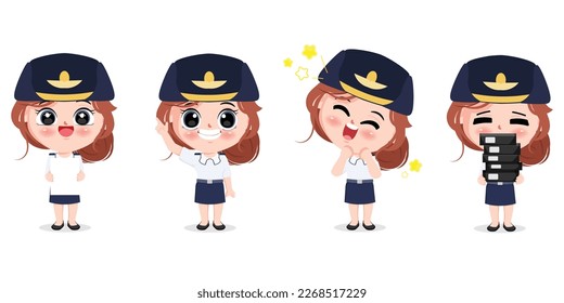 Thai female air force uniform cartoon gesture pose character collection pose set vector design.
