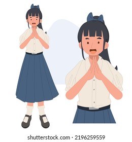 Thai female student in student uniform greeting "Sawasdee". Vector illustration