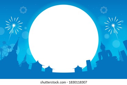 Thai festival celebration night background vector illustration.  Full moon with temple landscape,  flat design