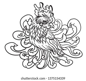 Thai fighting cock in Chrysanthemum flower vector illustration and coloring book.Lucky Chicken with Chinese flower.