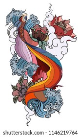 Thai fighting fish tattoo design.Thai buddhism and Animal of Himmapan forest in smoke and cloud vector.Thai beta fish with peony flower coloring book tattoo background.