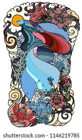 Thai fighting fish tattoo design.Thai buddhism and Animal of Himmapan forest in smoke and cloud vector.Thai beta fish with peony flower coloring book tattoo background.