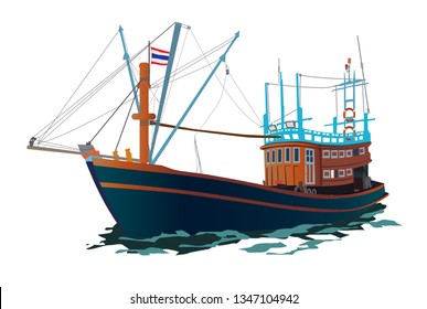 Thai Fishing Ship Vector illustration. Wooden Native boat on the sea.