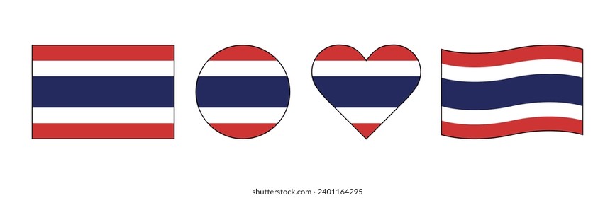 Thai flag design package. Asian continent country flags. Flat design flags with rectangular, round, love and wavy shapes