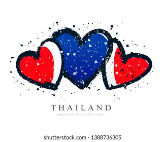 Thai flag in the form of three hearts. Vector illustration on white background. Brush strokes drawn by hand. Constitution Day of Thailand.