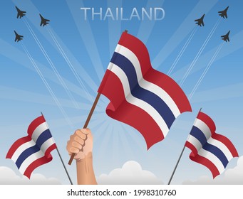 Thai flags flying under the blue sky langit
