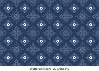 Patrón sin fisuras floral y geométrico tailandés en gris y blanco sobre un fondo azul marino, con elegantes motivos simétricos. Conveniente para los textiles, el Fondo de pantalla, el empaquetado, y los diseños decorativos culturales.