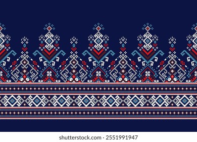 Thai floral pattern,geometric ethnic oriental pattern on navy blue background,vector illustration,geometric cross stitch pattern,Aztec style,abstract background.design for texture,fabric,clothing.