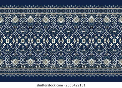Thai floral pattern,Thai geometric flower pattern on navy blue background,vector illustration,geometric cross stitch pattern,Aztec style,abstract background.design for texture,fabric,clothing,print