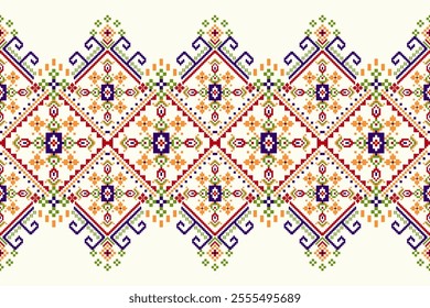Thai floral pattern,Thai geometric flower pattern on white background,vector illustration,geometric cross stitch pattern,Aztec style,abstract background.design for texture,fabric,clothing,print,sari