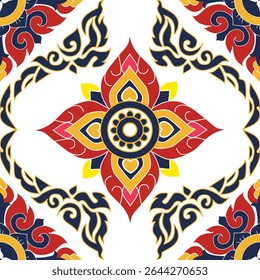 Thai floral vector with red, yellow, and navy tones. Perfect for traditional textile design, digital prints, and Southeast Asian inspired decorative art patterns.