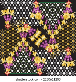 Thai flower mobile hanging. Golden Thai garland on black color. Thailand Floral Thai wallpaper. Thai garland pattern.