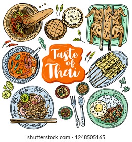 Thai food background, Hand drawn popular Thai food such as Tom Yum Soup, Pad Thai Noodles, Chicken Satay, Papaya Salad etc.