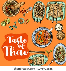 Thai food background, Hand drawn popular Thai food