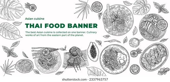 Thai food banner set. Thai food banner. Asian eastern cuisine menu sketch with fruits, soup noodles and tom yum. Outline horizontal poster with tropical dishes. Linear flat vector illustration