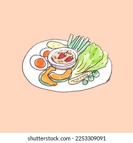 Thai food, boiled and fresh vegetable served with chili paste, freehand drawn illustration vector