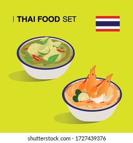 Thai food chicken green curry,Stir fried  with egg,Pad thai,Tom Yum Goong Spicy Soup,fried rice on yellow background