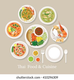 Thai Food and Cuisine Set, Traditional, Famous Menu, with Rice