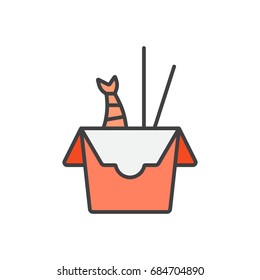 Thai food delivery box flat line icon. Asian dish with shrimp.