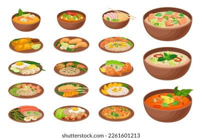 Thai Food and Dish Served on Plate Vector Set