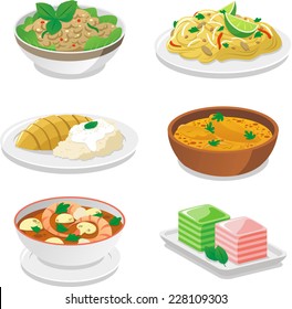 Thai food dishes vector cartoon illustrations