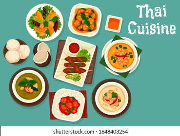 Thai food dishes vector design of seafood, meat and vegetables. Soups tom kha gai, fish and shrimps with rice noodles, sweet sour pork, green curry and grapefruit salad, pork satay, coconut ice cream