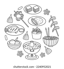 Thai food doodle set. Asian cuisine. Tom yum, fried ice cream, octopus in sketch style. Hand drawn vector illustration isolated on white background