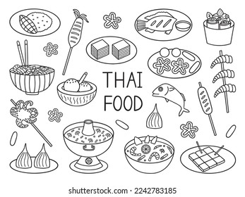 Thai food doodle set. Asian cuisine. Tom yum, fried ice cream, octopus in sketch style. Hand drawn vector illustration isolated on white background
