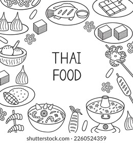Thai food doodle set. Asian cuisine. Tom yum, fried ice cream, octopus in sketch style. Hand drawn vector illustration isolated on white background