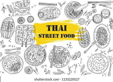 Thai food flyer design. Linear graphic. Vector illustration. Engraved style.