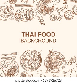 Thai food flyer design. Linear graphic. Vector illustration. Engraved style.