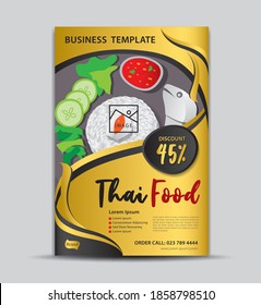 Thai Food Flyer Template, Poster Design, Menu, Label, Banner, Tag, Cover, Magazine Ads, Gold Background, Vector Illustration