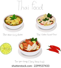 Thai food, Thai Green Curry Chicken, Thai Chicken Coconut Soup, Tom yam kung, spicy shrimp soup, Vector Drawing