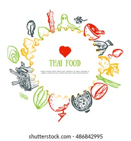 Thai food hand drawn rough doodles. Thai sketch banner for cafe menu, site header, promotion.