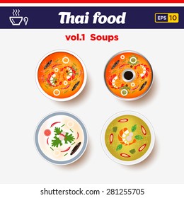 Thai food icon set. Top view of the hot spicy chilly soups with shrimps and coconut milk